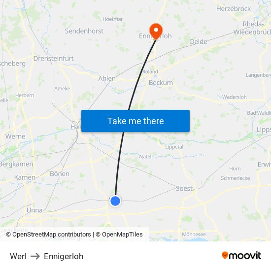 Werl to Ennigerloh map