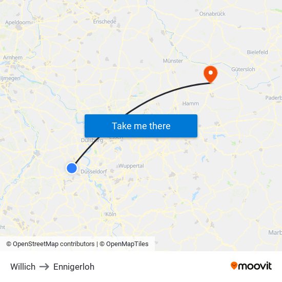 Willich to Ennigerloh map