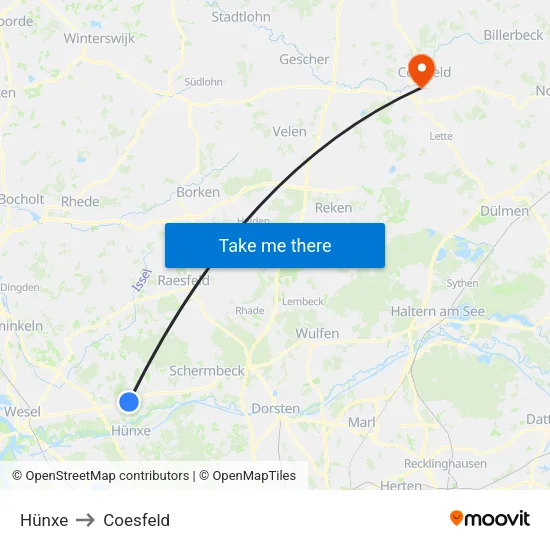 Hünxe to Coesfeld map