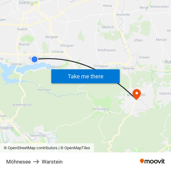 Möhnesee to Warstein map