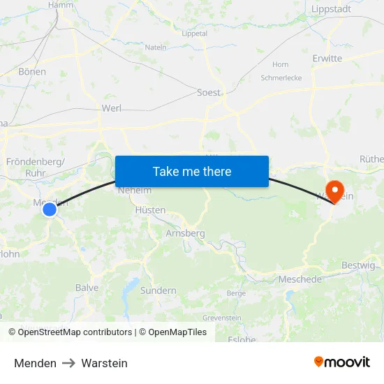 Menden to Warstein map