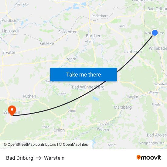 Bad Driburg to Warstein map