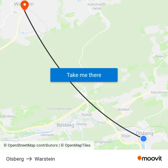 Olsberg to Warstein map