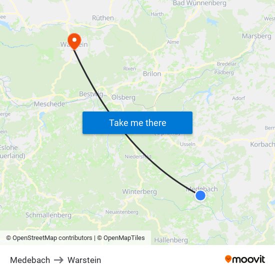 Medebach to Warstein map