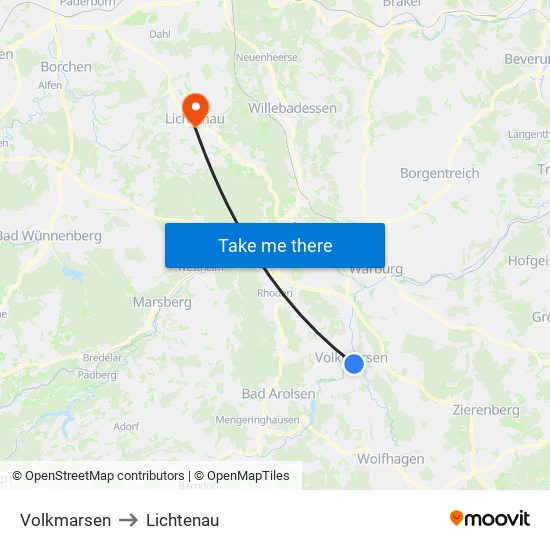 Volkmarsen to Lichtenau map