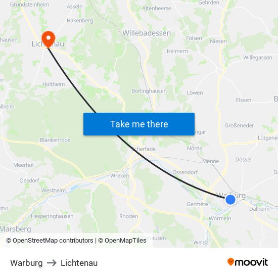 Warburg to Lichtenau map