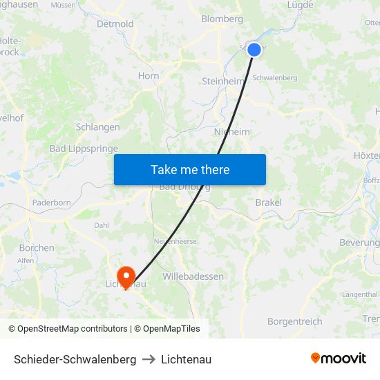 Schieder-Schwalenberg to Lichtenau map