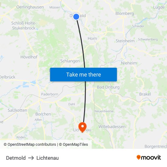 Detmold to Lichtenau map
