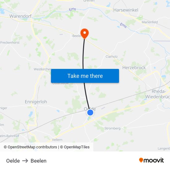 Oelde to Beelen map