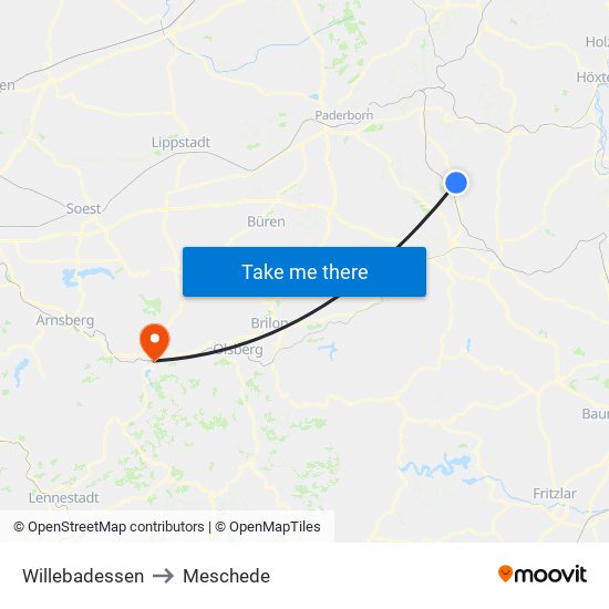 Willebadessen to Meschede map