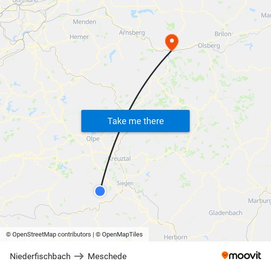 Niederfischbach to Meschede map