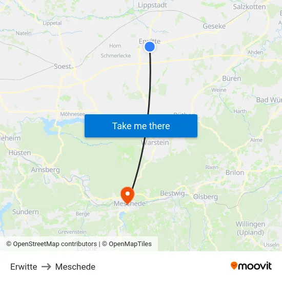 Erwitte to Meschede map