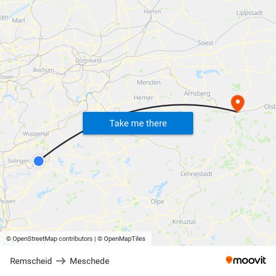 Remscheid to Meschede map