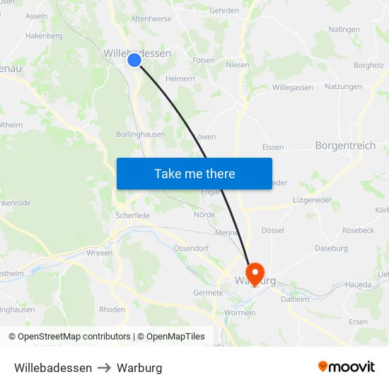 Willebadessen to Warburg map