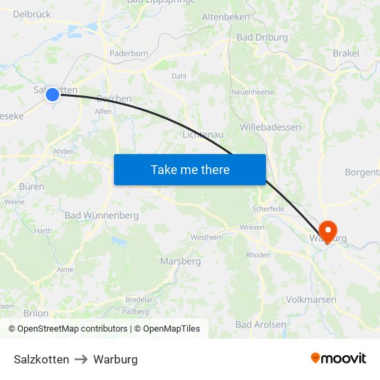 Salzkotten to Warburg map