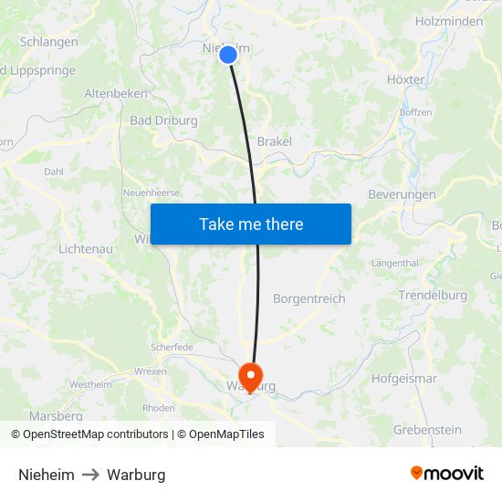 Nieheim to Warburg map