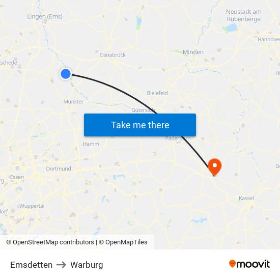 Emsdetten to Warburg map