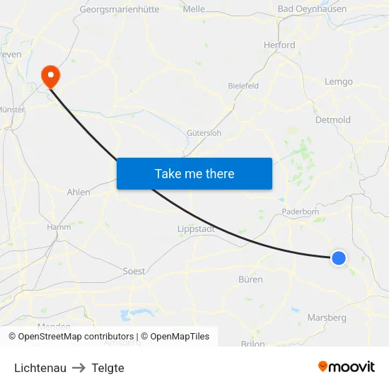 Lichtenau to Telgte map