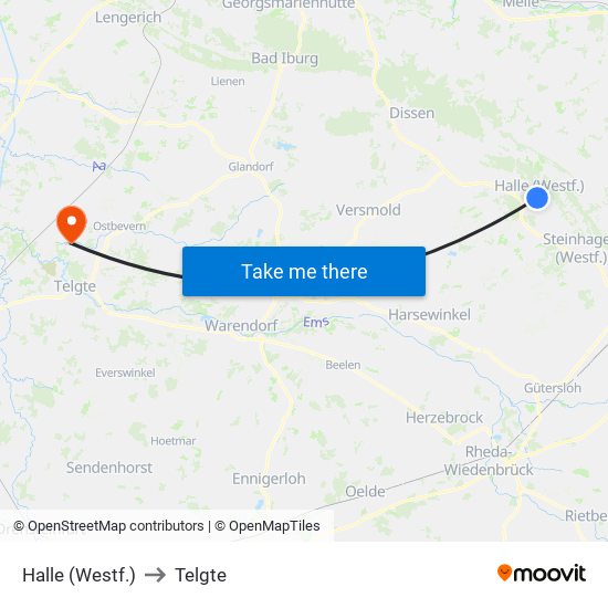 Halle (Westf.) to Telgte map