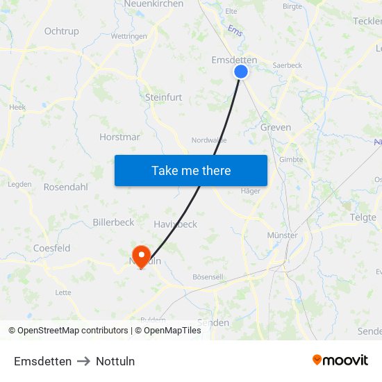 Emsdetten to Nottuln map