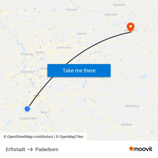 Erftstadt to Paderborn map