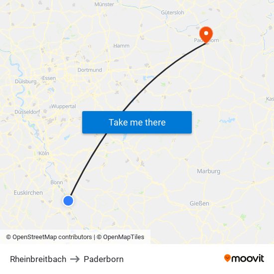 Rheinbreitbach to Paderborn map