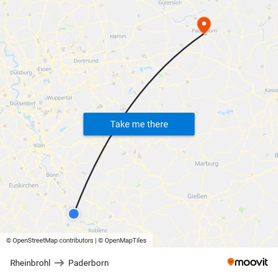 Rheinbrohl to Paderborn map