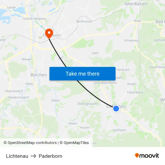 Lichtenau to Paderborn map
