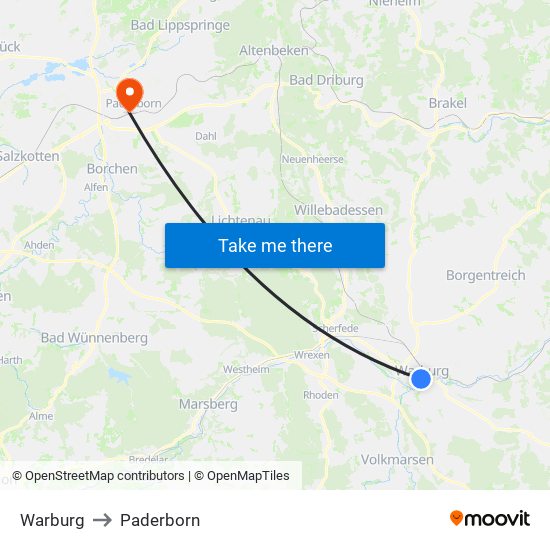 Warburg to Paderborn map