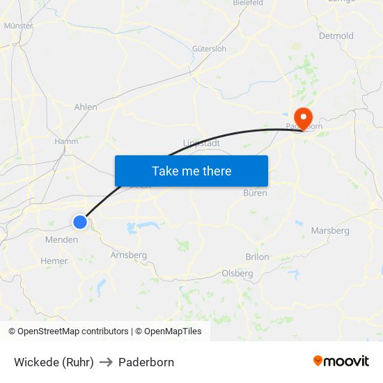 Wickede (Ruhr) to Paderborn map