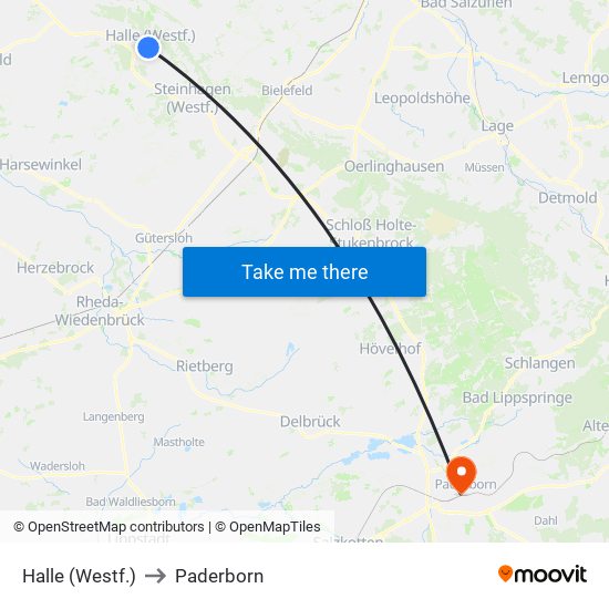 Halle (Westf.) to Paderborn map