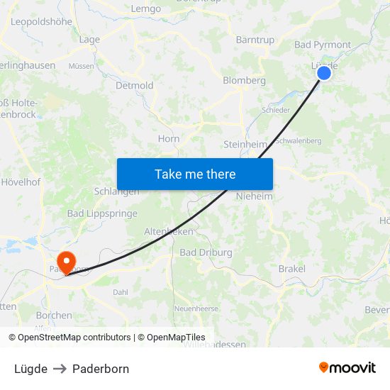 Lügde to Paderborn map