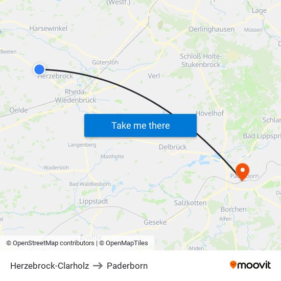 Herzebrock-Clarholz to Paderborn map