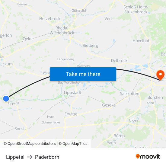 Lippetal to Paderborn map