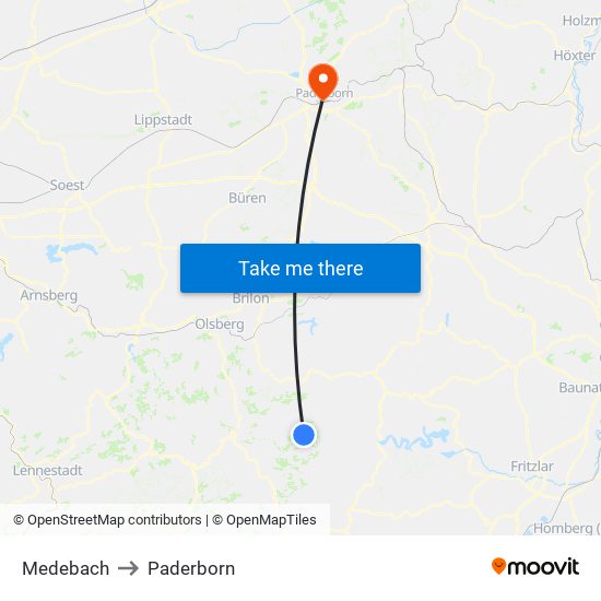 Medebach to Paderborn map