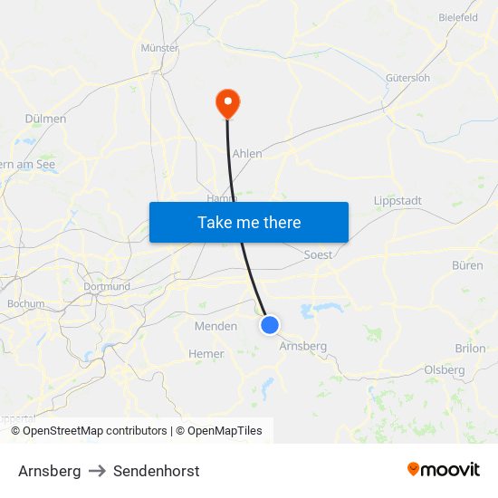 Arnsberg to Sendenhorst map