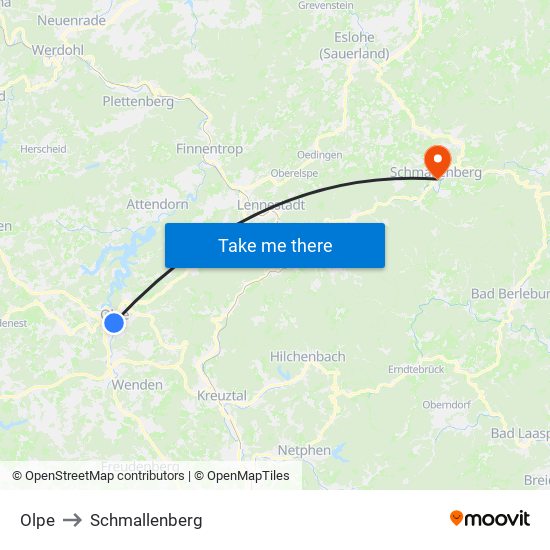 Olpe to Schmallenberg map