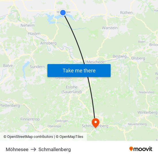 Möhnesee to Schmallenberg map