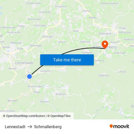 Lennestadt to Schmallenberg map