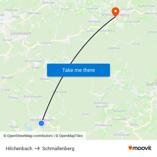 Hilchenbach to Schmallenberg map