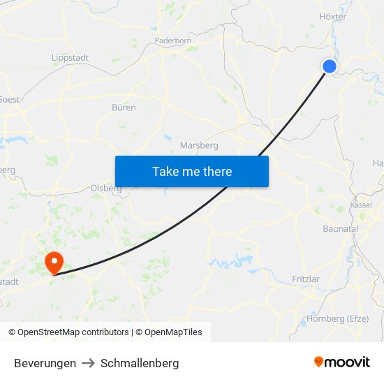 Beverungen to Schmallenberg map