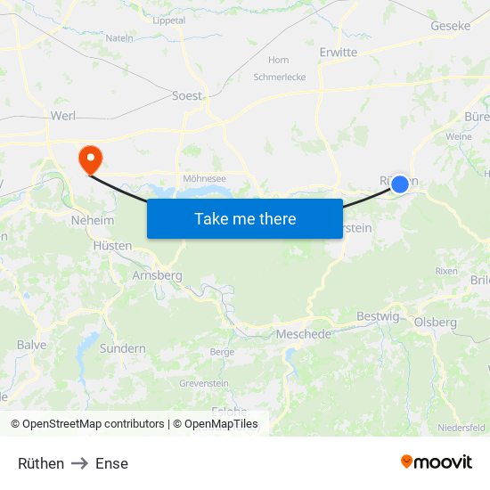 Rüthen to Ense map