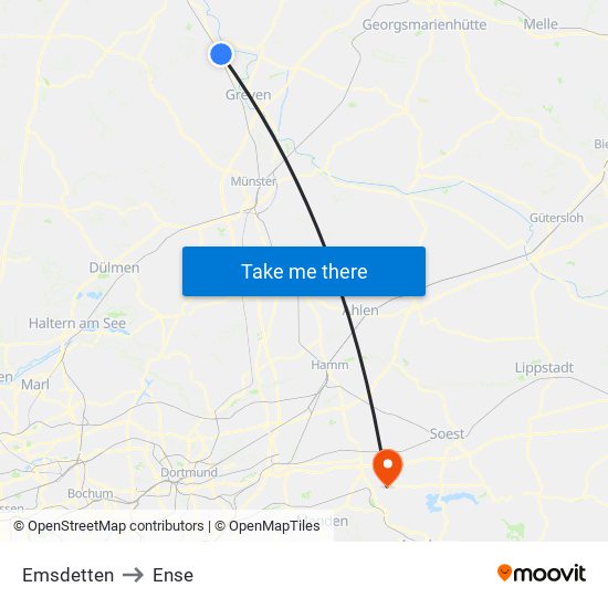 Emsdetten to Ense map