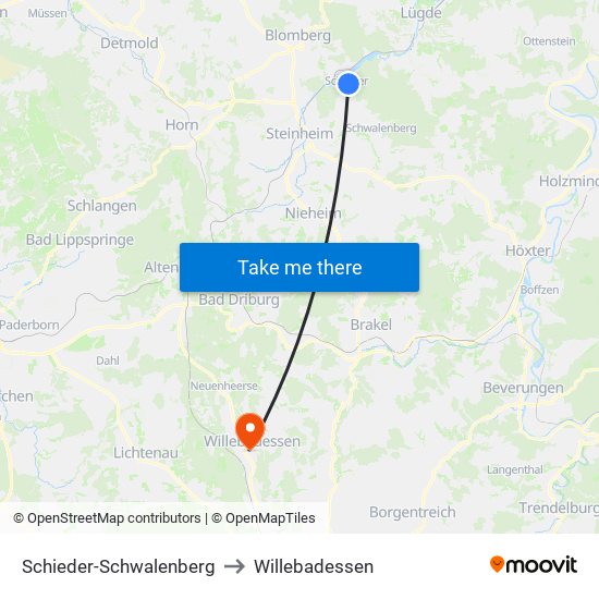 Schieder-Schwalenberg to Willebadessen map