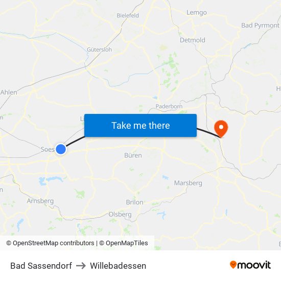 Bad Sassendorf to Willebadessen map