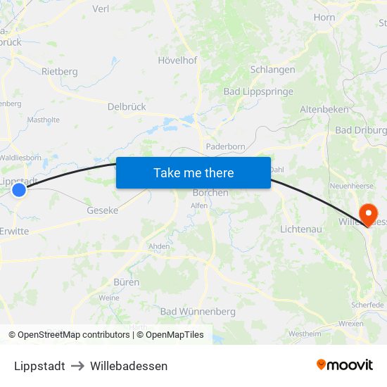 Lippstadt to Willebadessen map