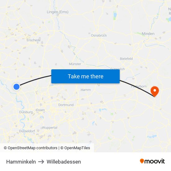 Hamminkeln to Willebadessen map