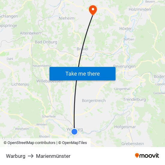 Warburg to Marienmünster map