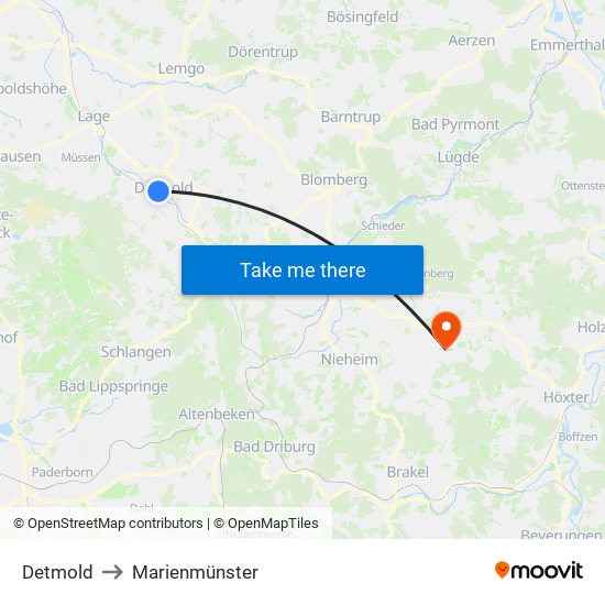 Detmold to Marienmünster map