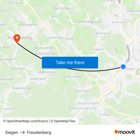 Siegen to Freudenberg map